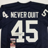 Autographed/Signed Rudy Ruettiger Never Quit Notre Dame Blue College Football Jersey JSA COA
