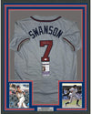Framed Autographed/Signed Dansby Swanson 35x39 Atlanta Grey Baseball Jersey JSA COA
