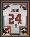 Framed Autographed/Signed Nick Chubb 35x39 Cleveland White Football Jersey JSA COA