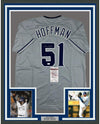 Framed Autographed/Signed Trevor Hoffman 35x39 San Diego Grey Baseball Jersey JSA COA