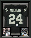 Framed Autographed/Signed Charles Woodson 35x39 Oakland Black Football Jersey Beckett BAS COA