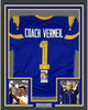 Framed Autographed/Signed Dick Vermeil 35x39 Super Bowl XXXIV St. Louis Royal Blue Football Jersey JSA COA