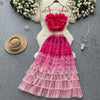 High-grade Ladies Suit Women's Three-dimensional Flower Mesh Camisole Fairy Mesh Half-length Dress Two-piece Set