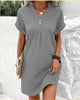 Button-Front V-Neck Dress – Short Sleeve Solid Casual Shirt Dress by FitiqueFit