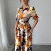 Women’s Printed Puff Sleeve Dress – Blouse Collar Cross-Tie Waist Style by FitiqueFit