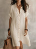 Women's Buttoned Midi Shirt Dress – Short Sleeve Cotton Linen by FitiqueFit