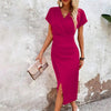 Split V-Neck Bodycon Dress – Slim Fit Short Sleeve Slit Dress by FitiqueFit