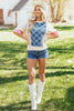 Dusk Blue Checkered Denim Patchwork Short Sleeve Loose Top by Wild and Free Boutique