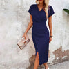 Split V-Neck Bodycon Dress – Slim Fit Short Sleeve Slit Dress by FitiqueFit