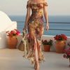 V-Neck Waist-Cinched Ruffle Hem Maxi Dress – Bodycon Long Dress in Orange by FitiqueFit