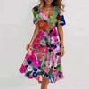 Floral Print A-Line Dress – V-Neck Short Sleeve Midi Dress by FitiqueFit