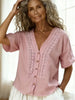 Women's Loose-Fit Faux Linen Embroidered Button-Up Top by FitiqueFit