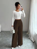 Women's High-Waist Straight-Leg Pants – Solid Color Button Detail Full Length by FitiqueFit