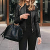 Women's Solid Color Long Sleeve Stand Collar Faux Leather Blazer by FitiqueFit