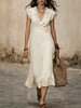 Women's V-Neck Cotton-Linen Flutter-Sleeve Ruffle-Trim Midi Dress by FitiqueFit