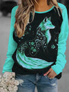 Contrast Color Fox Print Pattern Round Neck Long Sleeve T-shirt