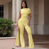 Women's Crew-Neck Pleated Ribbon Flare Jumpsuit by FitiqueFit