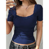 Women’s Y2K Lace Trim Slim Fit Tee – U-Neck Short Sleeve Top by FitiqueFit
