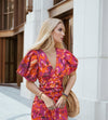 Printed V-neck Tight Short Sleeve Women's Full-length Dress