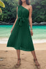 Pleated Single Shoulder Tie Waist Midi Dress