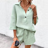 Women's Notch-Lapel Short-Sleeve Top & Belted Shorts Two-Piece Set by FitiqueFit