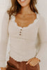 Black Lace Neckline Button Decor Lettuce Edge Long Sleeve Ribbed Top by Wild and Free Boutique