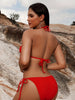 Bikini Solid Red Triangle Halter V Neck 2 Piece Swimsuit for Women – Stretchy Tie Back and Side Laced Bikini Set with Sexy Lace Up Detail – Bold Summer Swimwear for Beach Vacations Pool Parties and Sunbathing Style by Stevvex