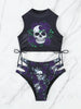 Bikini Skull Print Hollow-Out 2 Piece Swimsuit for Women – Sexy Lace-Up Floral Tie Bathing Suit with Crew Neck – High Stretch Halloween Inspired Bikini Set for Beach Party, Festival, and Summer Vacation by Stevvex