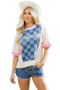 Dusk Blue Checkered Denim Patchwork Short Sleeve Loose Top by Wild and Free Boutique
