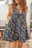 Blue Retro Floral Print Bow Tie V Neck Sleeveless Pleated Loose Denim Romper by Wild and Free Boutique