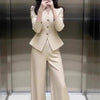 Waist-Grabbing Beige Coat and Wide Leg Pants Set by FitiqueFit