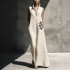 Women's Cotton Linen Mandarin Collar Maxi Dress – Graphic Print with Pockets by FitiqueFit