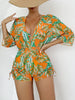 Island Bloom 3-Piece Bikini Set for Women – Tropical Leaf Print Fluttering Swimwear with Flattering Halter Neck Top High Waist Bottoms & Adjustable Drawstring Cover Up – Perfect for Koningsdag Celebrations & Summer Adventures by Stevvex