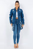 American Dark Blue Bazi Distressed Button Up Long Sleeve Jacket Trendy Buttoned Jacket with Distressed Finish for Women by Stevvex