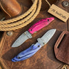 Persian Damascus Folding Knife Set 7” opened Pink & Blue Pakka Wood EDC Blades by JW SteelCrafts