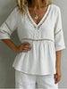 Women's V-Neck Hollow-Out Fringe Cotton-Linen Top by FitiqueFit