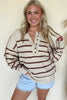 Brown Stripe Ribbed Henley Drop Shoulder Slouchy Sweater by Wild and Free Boutique