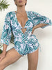 Island Bloom 3-Piece Bikini Set for Women – Tropical Leaf Print Fluttering Swimwear with Flattering Halter Neck Top High Waist Bottoms & Adjustable Drawstring Cover Up – Perfect for Koningsdag Celebrations & Summer Adventures by Stevvex