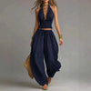 Women's Sleeveless Backless Halter Top & Wide-Leg Pants Set by FitiqueFit