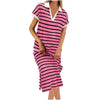Polo Collar Stripes Short Sleeve Split Long Dress
