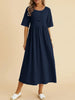 Plus Size Cotton Linen Midi Dress | Round Neck Pocket Dress by FitiqueFit