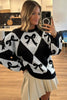Red Bow Print 2-tone Rhombus Knit Loose Sweater by Wild and Free Boutique