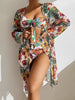 New Tropical Bloom 3-Piece Swimsuit Set – High Waist Floral Fluttering Bikini with Crew Neck Top Spaghetti Straps and Matching Long Sleeve Cover-Up – Stylish Stretchy Women’s Swimwear for Beach & Summer Escapes by Stevvex