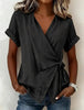 Women's Casual Lapel Collar Lace-Up Short-Sleeve Linen Top by FitiqueFit
