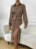 Printed Tie Waist Long Sleeve Midi Shirt Dress