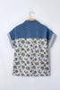 Gray Retro Floral Print Denim Patchwork Buttoned Polo Collar Top by Wild and Free Boutique