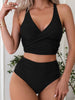Bikini Solid Black Twist Front High Waist 2 Piece Swimsuit for Women – Stretchy V Neck Bikini Set with Ruched Tummy Control and Cross Strape Detail – Quick Drying Polyamide Swimwear for Beachwear Poolside and Summer Travel by Stevvex