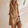 Women's Resort V-Neck Sleeveless Asymmetrical-Button Midi Dress by FitiqueFit