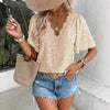 Women's V-Neck Lace-Trim Swiss Dot Short-Sleeve Top – Casual Loose Fit by FitiqueFit