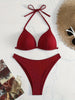 Bikini Rib Knit Solid Color Triangle 2 Piece Swimsuit for Women – Adjustable Tie Back Halter Bikini Set with Spaghetti Straps – High Stretch Polyester Swimwear for Summer Beachwear Poolside Relaxation and Tropical Vacation by Stevvex